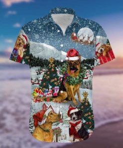 Lovely Dogs Under Christmas Snowy Short Sleeve Button Up