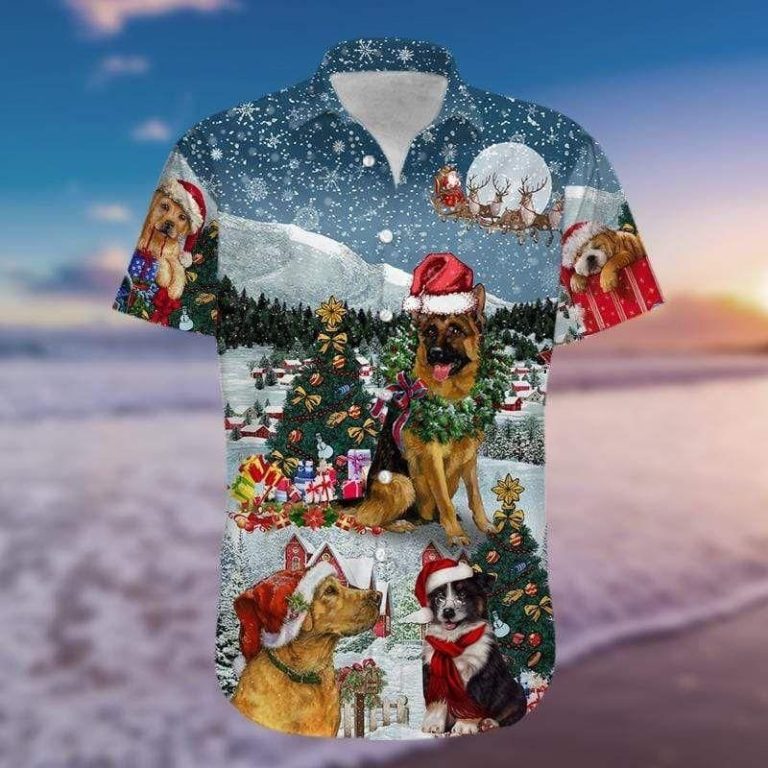 Lovely Dogs Under Christmas Snowy Short Sleeve Button Up