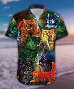 Neon Light Colorful Cat 3D Print Hawaiian Shirt