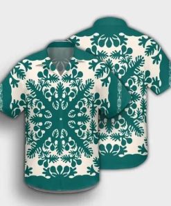 Palm Tree Quilt Tradition Turquoise Short Sleeve Button Up