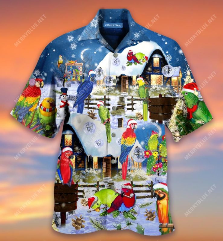 Parrots Merry Xmas Short Sleeve Button Up