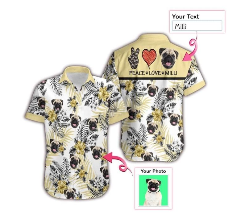 Photo And Name Peace Love Dog Short Sleeve Button Up