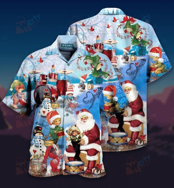 Playing Drums On Christmas Hawaiian Shirt