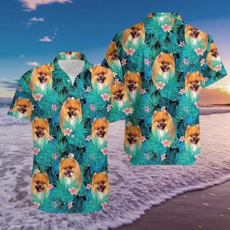 Pomeranian Dog Tropical Full Printing Casual Button-Up Shirt