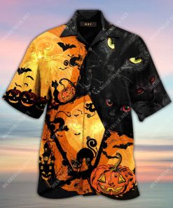 Scary Halloween Black Cat Short Sleeve Button Up