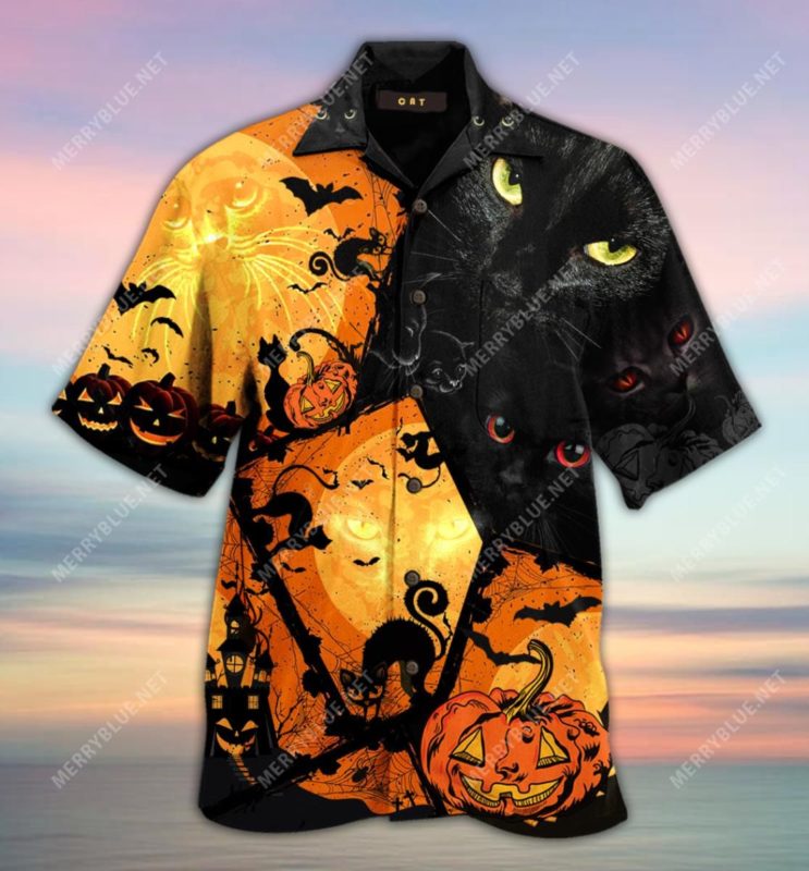 Scary Halloween Black Cat Short Sleeve Button Up