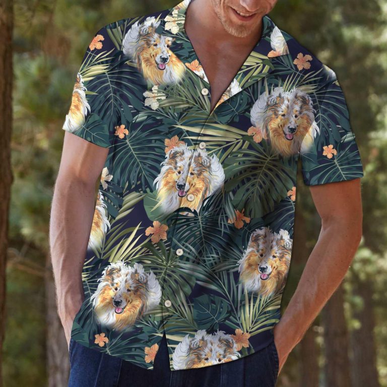 Shetland Sheepdog Tropical Plants 3D Print Hawaiian Shirt