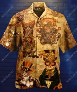 Steampunk Cat Top Hat Short Sleeve Button Up
