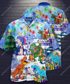 T-Rex Christmas Short Sleeve Button Up