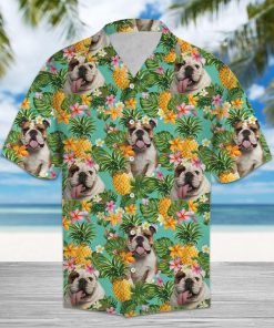 Tropical Pineapple English Bulldogs Short Sleeve Button Up Tropical Pineapple English Bulldogs Short Sleeve Button Up