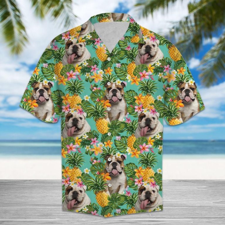 Tropical Pineapple English Bulldogs Short Sleeve Button Up
