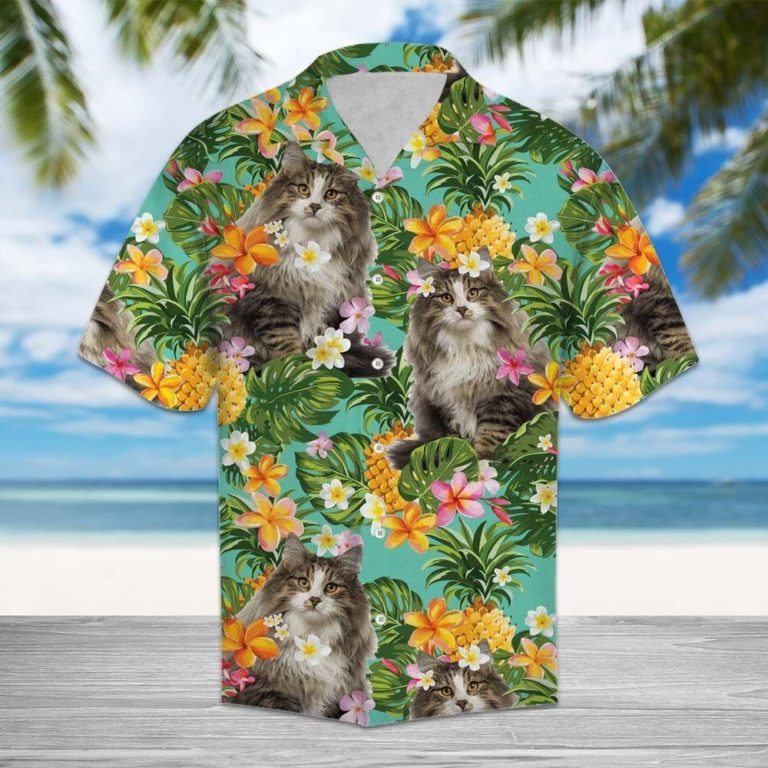Tropical Pineapple Norwegian Forest Cat 3D Print Hawaiian Shirt