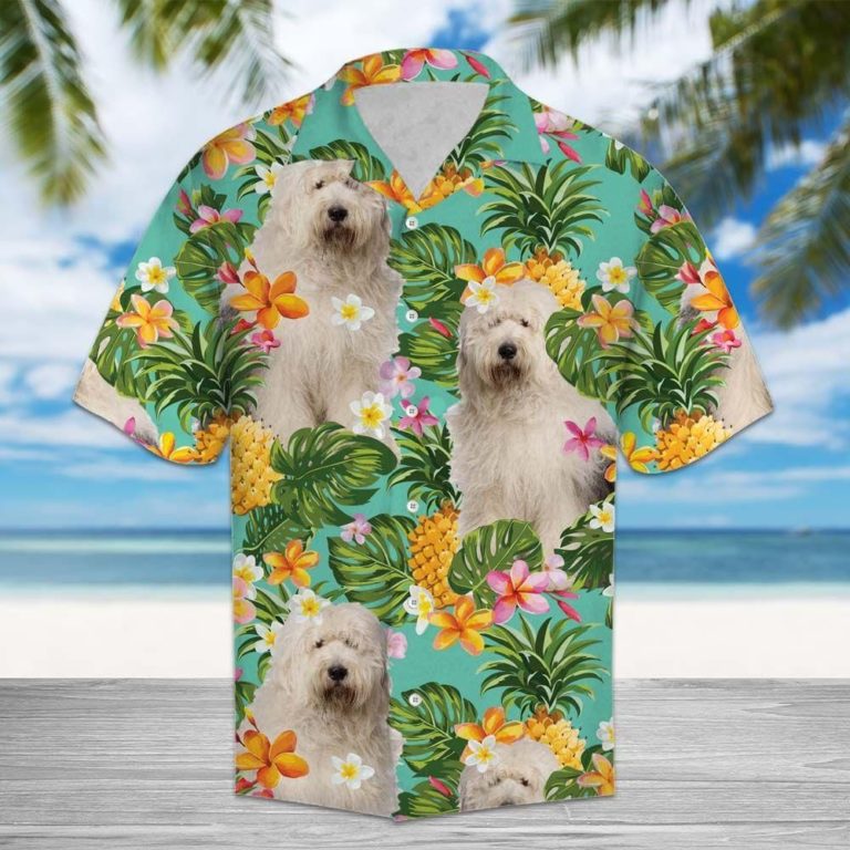 Tropical Pineapple Old English Sheepdog Short Sleeve Button Up