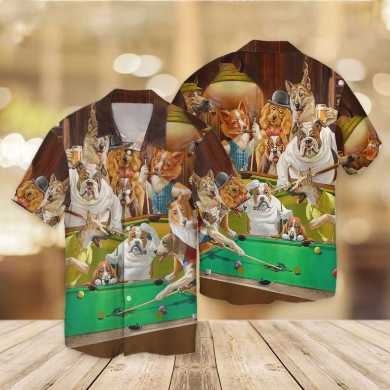 Vintage Dogs Playing Pool Short Sleeve Button Up