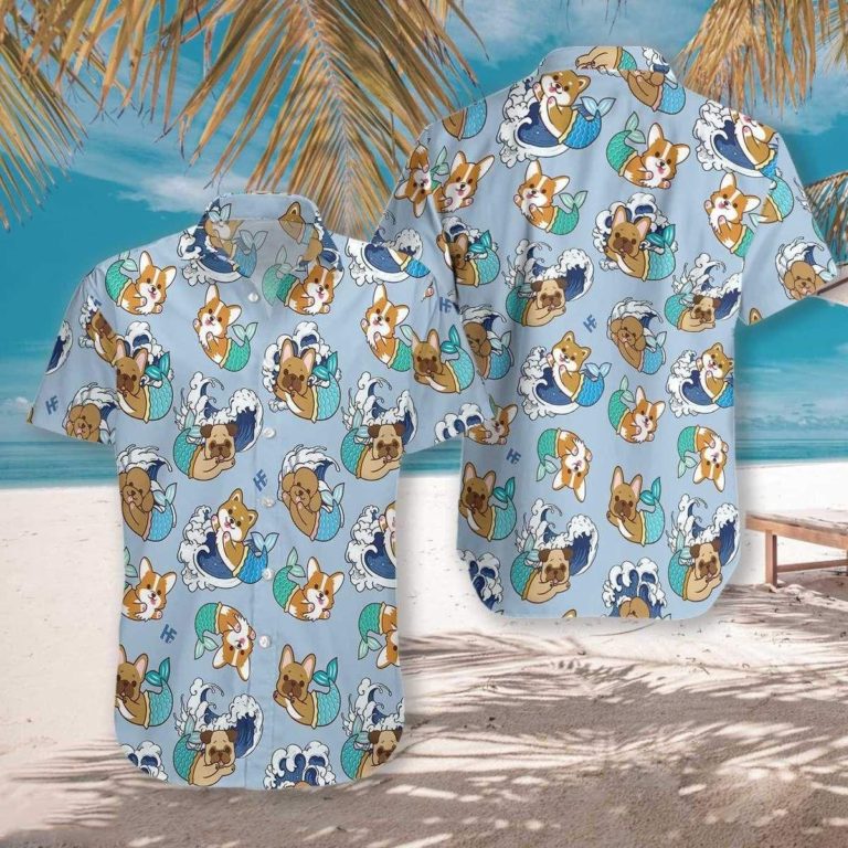 Wave Seamless And Dog Mermaid Casual Button-Up Shirt