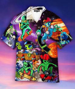Alien With Skate In The Universe Casual Button Down Short Sleeve Shirt