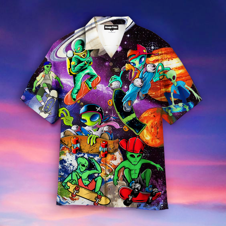 Alien With Skate In The Universe Casual Button Down Short Sleeve Shirt