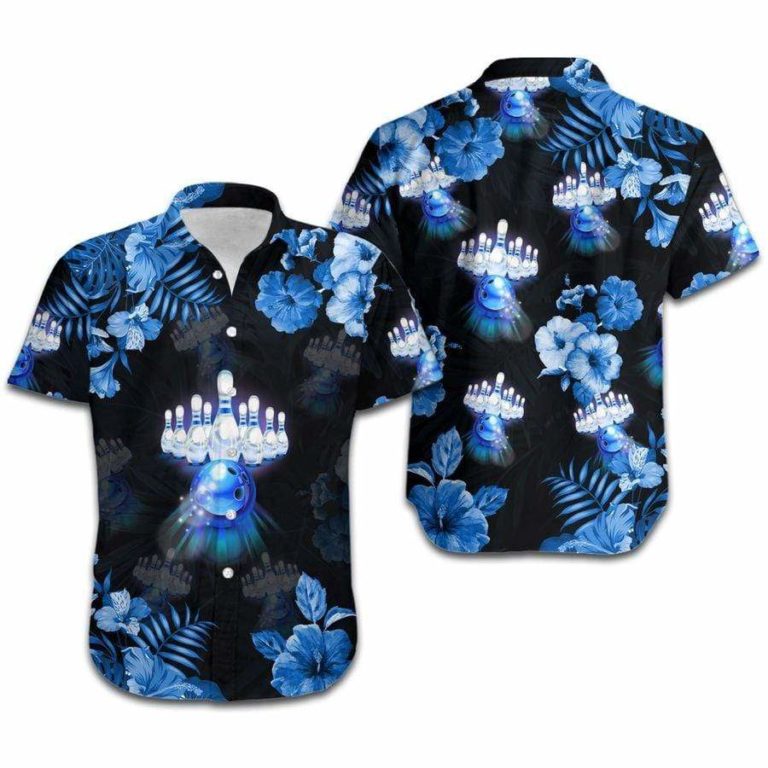 Aloha Bowling Neon Blue Tropical Floral Tropical Button Down Shirt