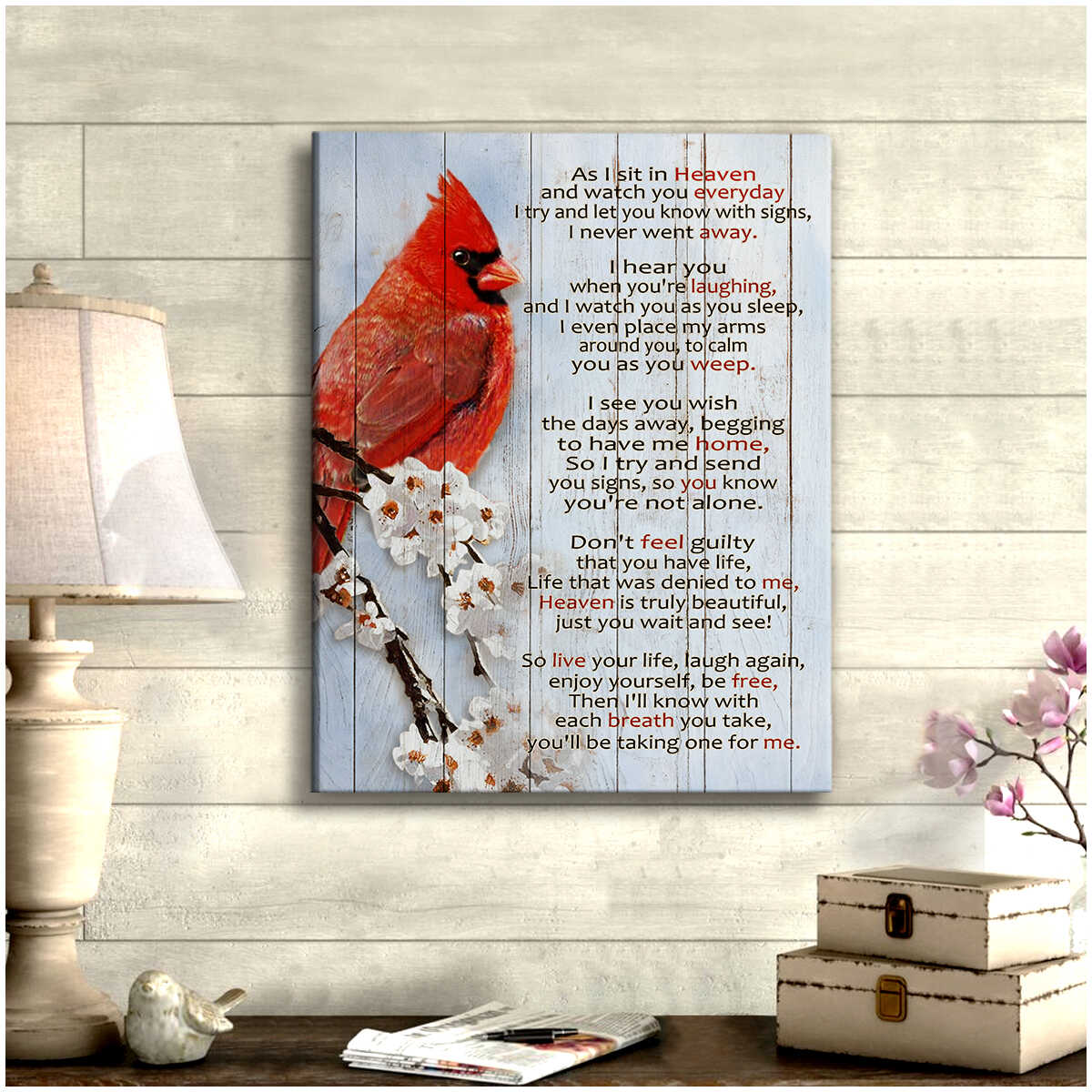 As I Sit In Heaven Cardinal Canvas Wall Art Memorial Decor 