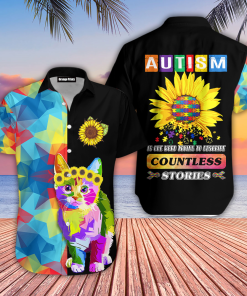 Autism Awareness Sunflower Cat Button Down Short Sleeves Shirt