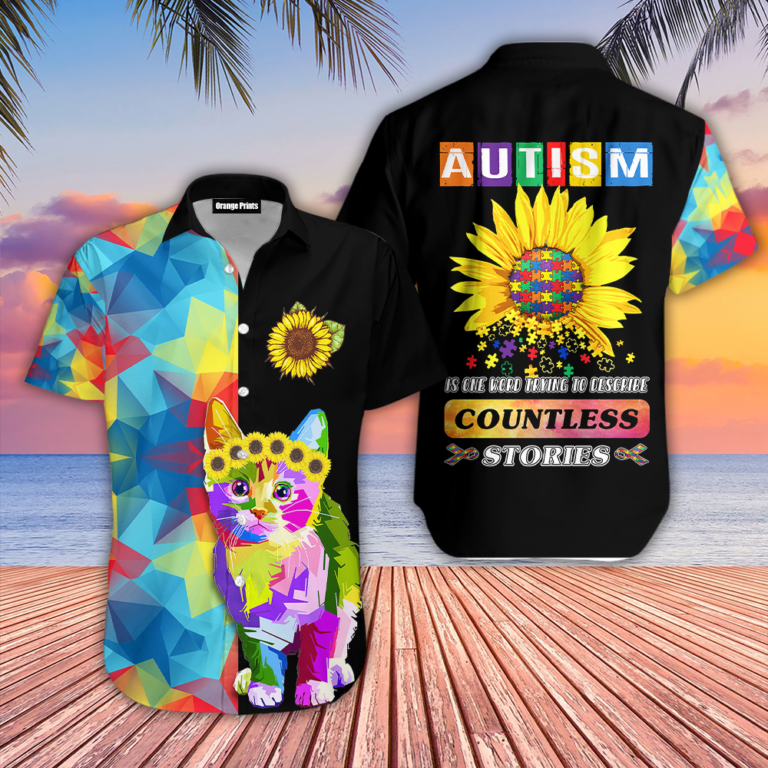Autism Awareness Sunflower Cat Button Down Short Sleeves Shirt