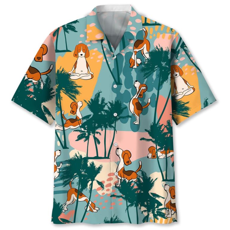 Beagle Palm Tree Colorful Short Sleeve Casual Button Up Shirts