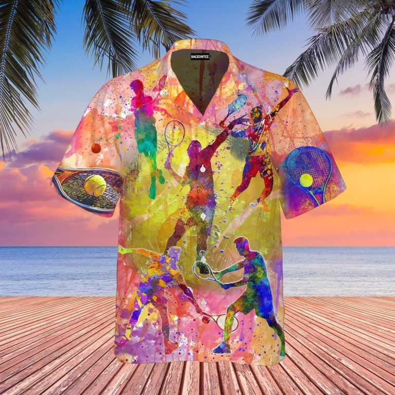 Colorful Playing Tennis Man Short Sleeve Printed Button Down