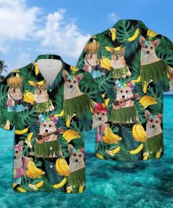 Corgi Summer Leaves Banana Button Down Short Sleeves Shirt