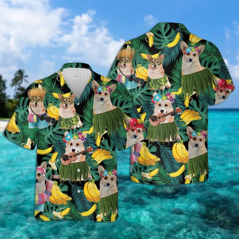 Corgi Summer Leaves Banana Button Down Short Sleeves Shirt