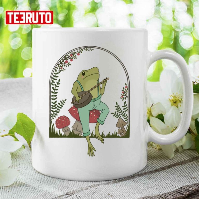 Cottagecore Aesthetic Frog Vintage Playing Banjo Mushroom Ceramic Mug