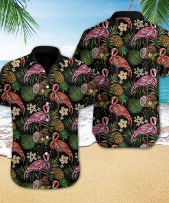 Flamingo Embroidery Casual Button Down Short Sleeve Shirt