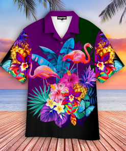 Flamingo Tropical Flower Casual Button Down Short Sleeve Shirt