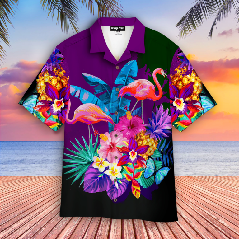 Flamingo Tropical Flower Casual Button Down Short Sleeve Shirt