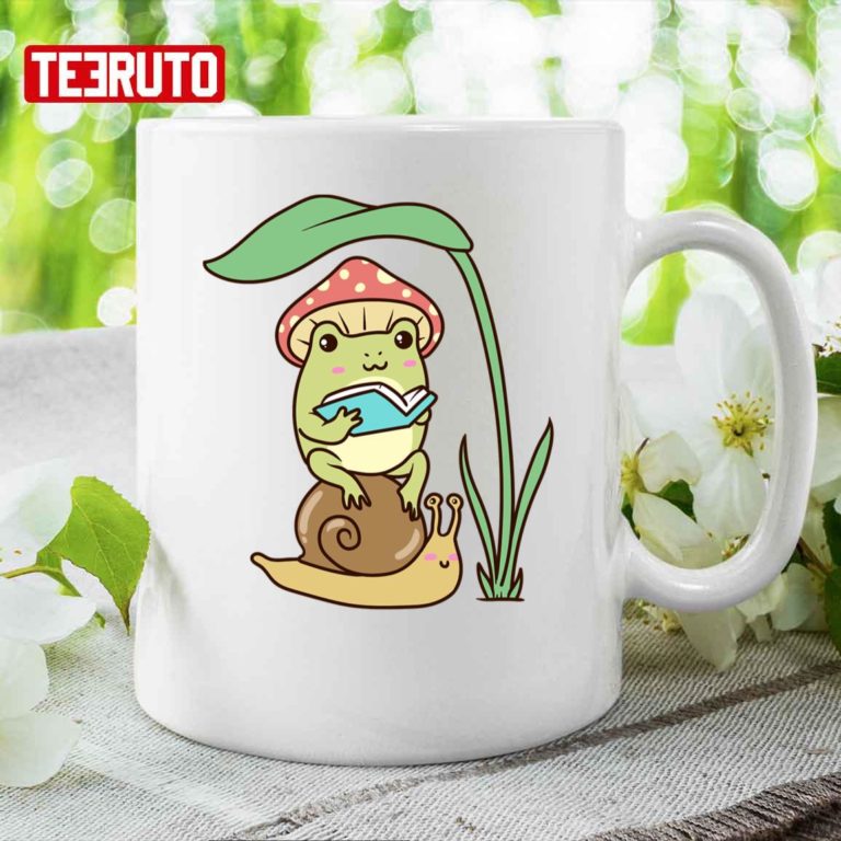 Frog Reading Book On Snail Cottagecore Aesthetic Ceramic Mug