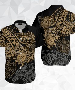 Guam Polynesian Gold Turtle Flowing Gold Short Sleeve Printed Button Down