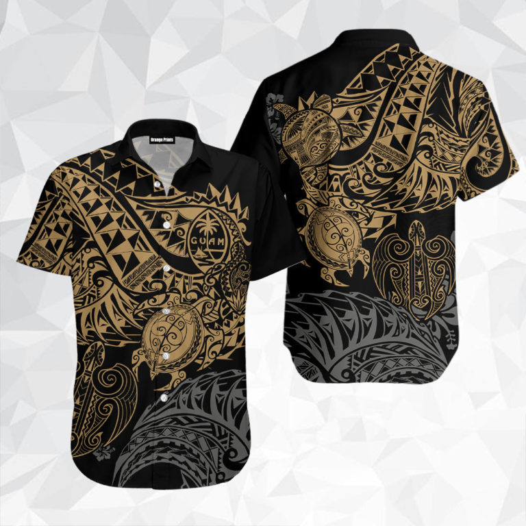Guam Polynesian Gold Turtle Flowing Gold Short Sleeve Printed Button Down