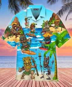 Happy Day On Beach With Tiki Short Sleeve Button Down Hawaiian Shirt