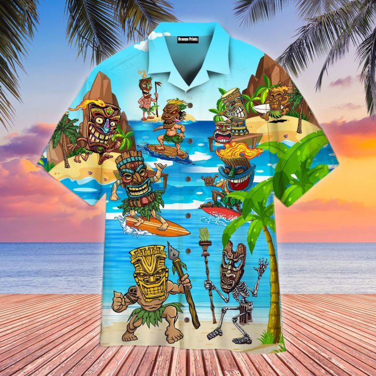 Happy Day On Beach With Tiki Short Sleeve Button Down Hawaiian Shirt