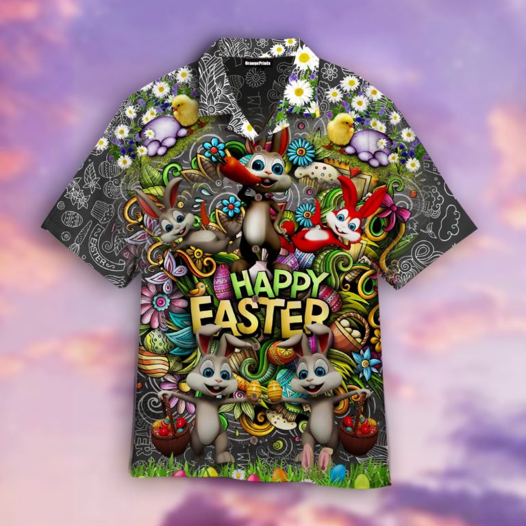 Happy Easter Day Funny Bunny Button Down Short Sleeves Shirt