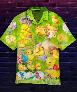 Hey Duck Happy Easter Day Casual Button Down Short Sleeve Shirt