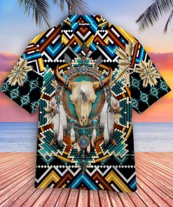 Native American Buffalo Blue Short Sleeve Printed Button Down