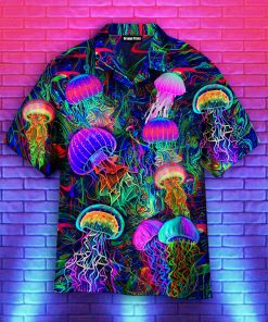 Neon Jellyfish Under The Sea Short Sleeve Button Down Hawaiian Shirt