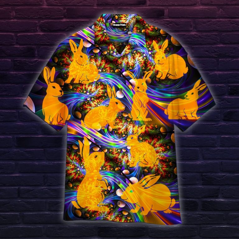 Orange Neon Bunny Easter Day Short Sleeve Printed Button Down