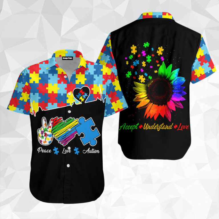 Peace Love Autism Short Sleeve Button Down Hawaiian Shirt