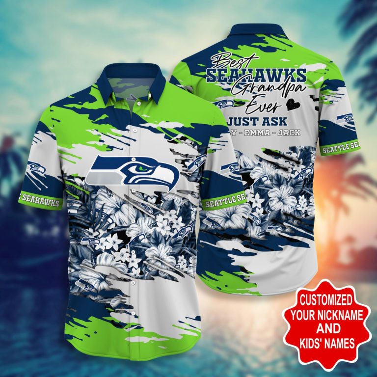 Seattle Seahawks – Custom Name Short Sleeve Button Down Hawaiian Shirt