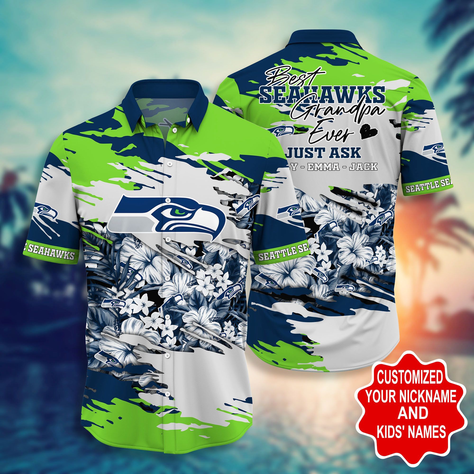 Seattle Seahawks - Custom Name Short Sleeve Button Down Hawaiian Shirt