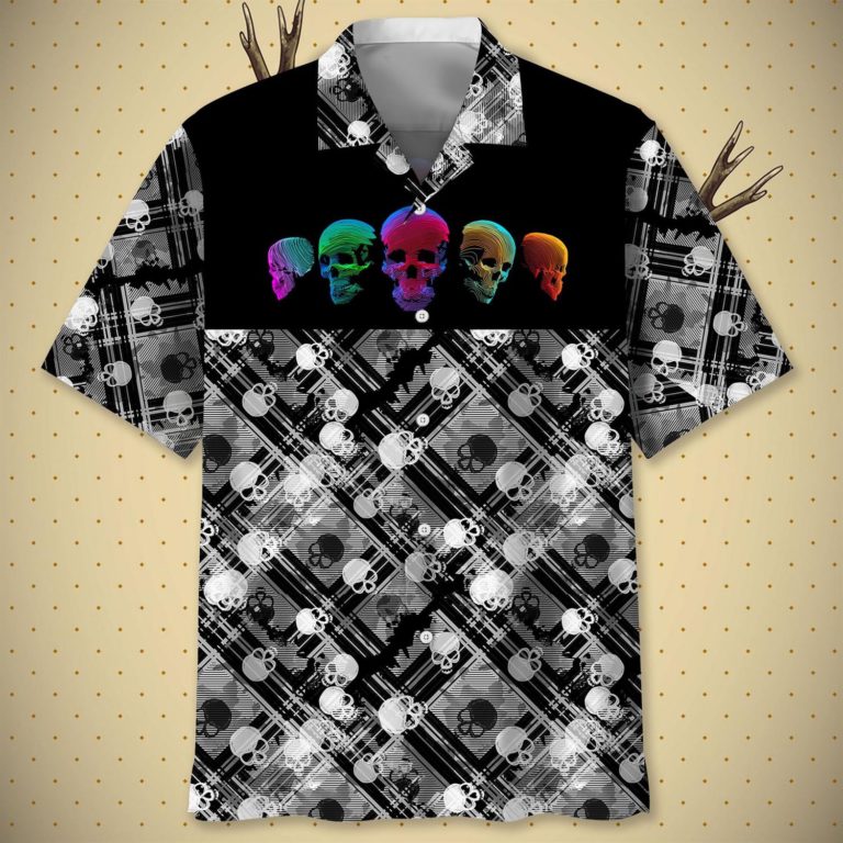 Skull Color Short Sleeve Casual Shirt, Aloha Shirt