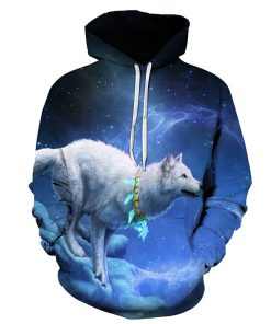 Starry Night Sky White Wolf Hoodie