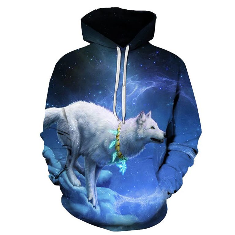 Starry Night Sky White Wolf Hoodie