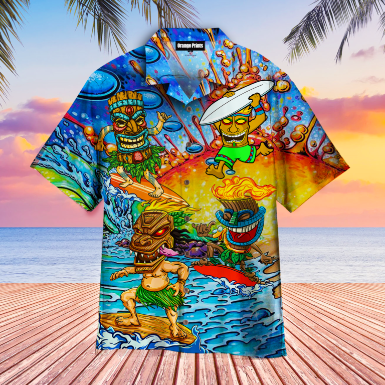 Tiki Hawaii Surfing Short Sleeve Button Down Hawaiian Shirt